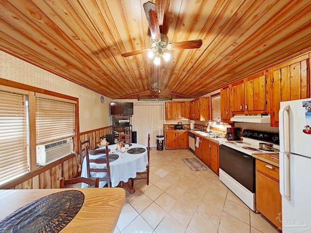 kitchen with cooling unit, lofted ceiling, white appliances, wooden walls, and wood ceiling