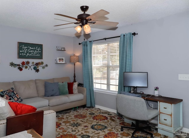 home office with ceiling fan and a textured ceiling