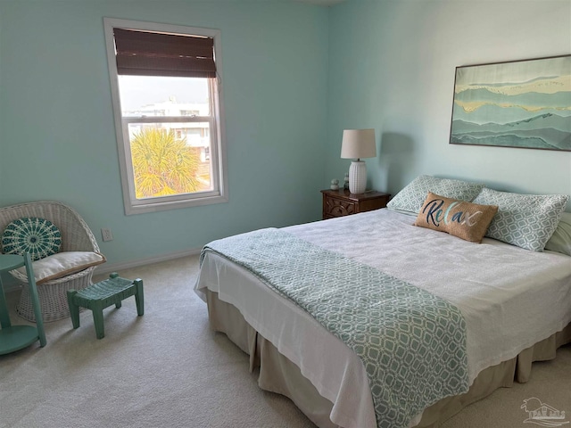 bedroom with light colored carpet