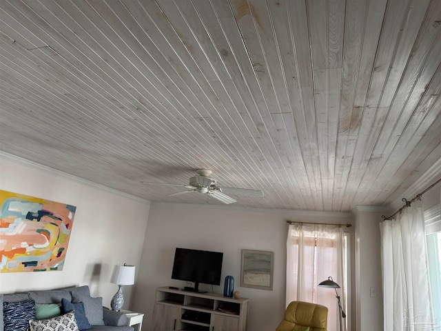 living room with ceiling fan, ornamental molding, wooden ceiling, and a healthy amount of sunlight