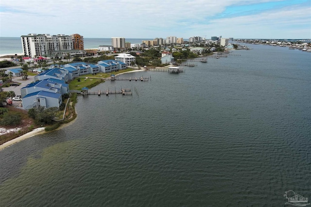 drone / aerial view featuring a water view