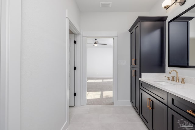 bathroom featuring vanity, tile patterned flooring, and ceiling fan