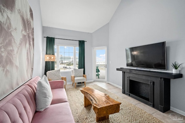 tiled living room featuring vaulted ceiling