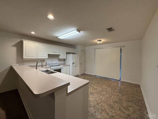 kitchen with kitchen peninsula, sink, white cabinets, and white appliances