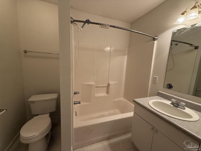 full bathroom featuring vanity, washtub / shower combination, tile patterned flooring, toilet, and a textured ceiling