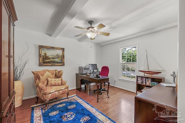 home office featuring ceiling fan, wood finished floors, and baseboards