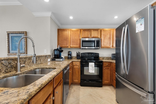 kitchen featuring sink, light tile patterned floors, light stone counters, ornamental molding, and black appliances