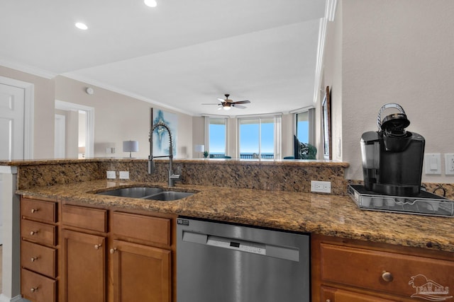 kitchen with stone countertops, dishwasher, sink, ornamental molding, and kitchen peninsula