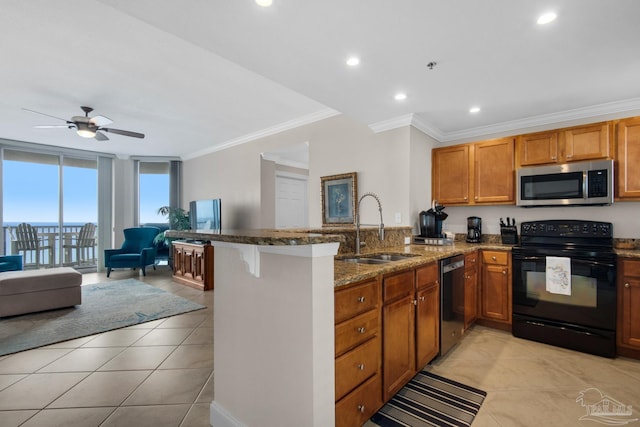 kitchen featuring light tile patterned flooring, sink, ornamental molding, kitchen peninsula, and stainless steel appliances