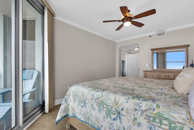 bedroom with ceiling fan, ornamental molding, and light hardwood / wood-style floors