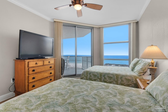 bedroom with crown molding, ceiling fan, and access to outside