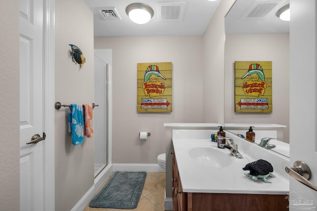 bathroom with vanity, toilet, an enclosed shower, and tile patterned flooring