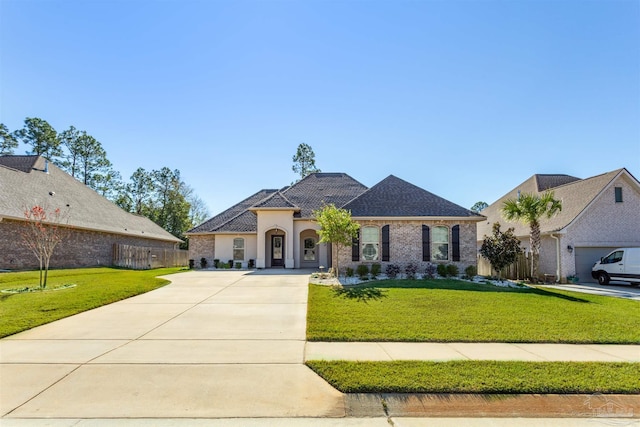 french country inspired facade with a front lawn and a garage