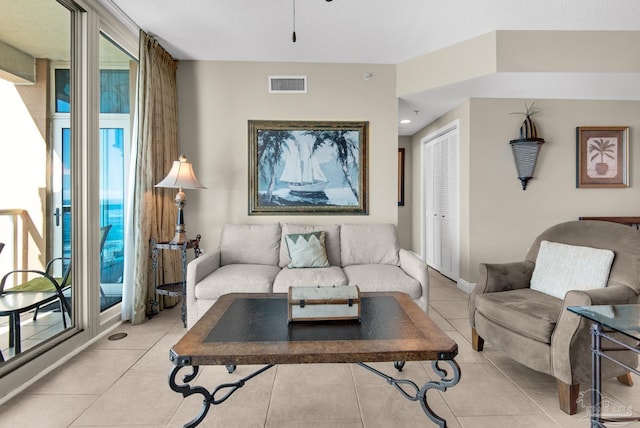 tiled living room with a wealth of natural light