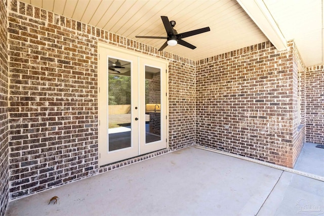 view of patio / terrace featuring ceiling fan and french doors