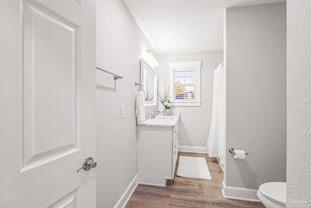 bathroom with wood-type flooring, vanity, and toilet