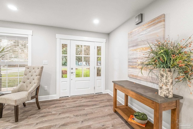 doorway to outside featuring plenty of natural light and light hardwood / wood-style flooring