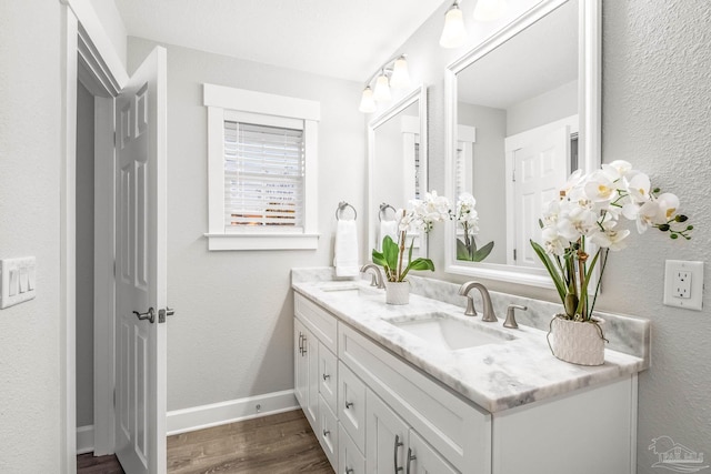 bathroom with vanity and wood-type flooring