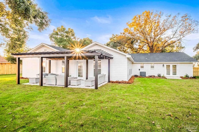 rear view of property featuring outdoor lounge area, cooling unit, a pergola, and a lawn