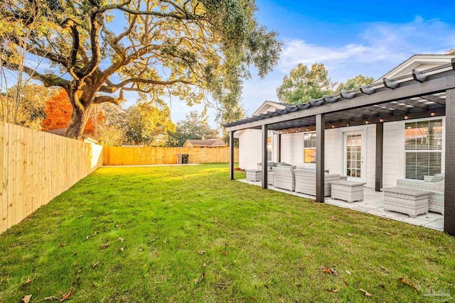 view of yard with a pergola, an outdoor hangout area, and a patio