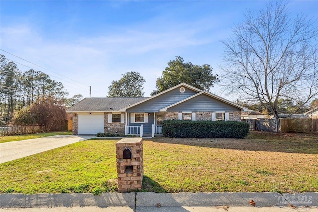 single story home with a garage and a front lawn