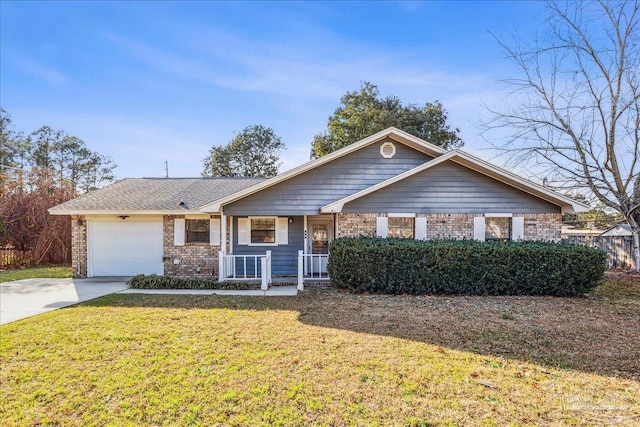 single story home with a garage, a porch, and a front lawn