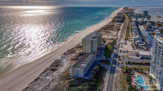 birds eye view of property with a water view and a view of the beach