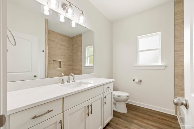 bathroom with wood finished floors, vanity, a wealth of natural light, and baseboards