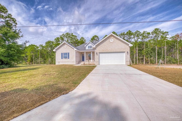 view of front of home featuring driveway, brick siding, a garage, and a front yard