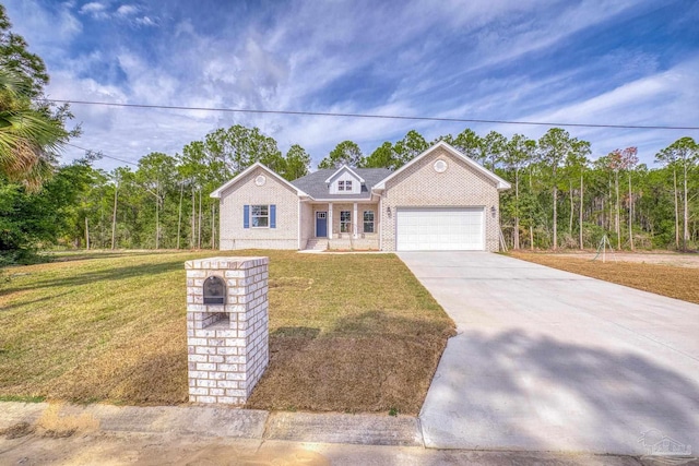 view of front of property featuring driveway, a garage, a front lawn, and brick siding