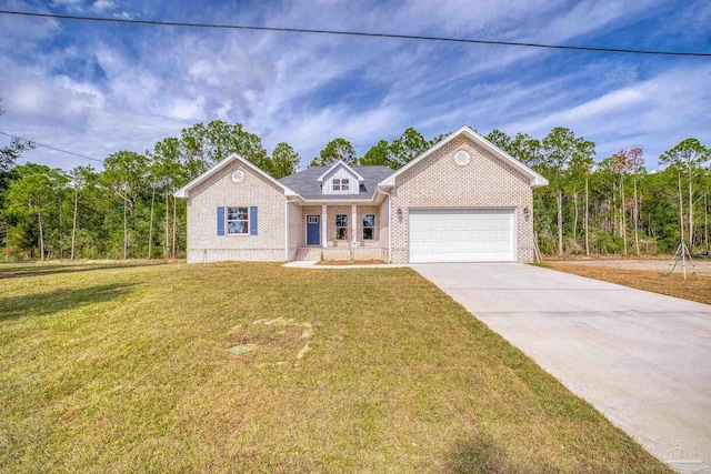 view of front facade featuring a front lawn, brick siding, driveway, and an attached garage