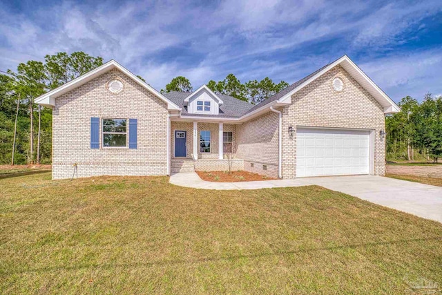 view of front of house with a garage, brick siding, driveway, and a front lawn