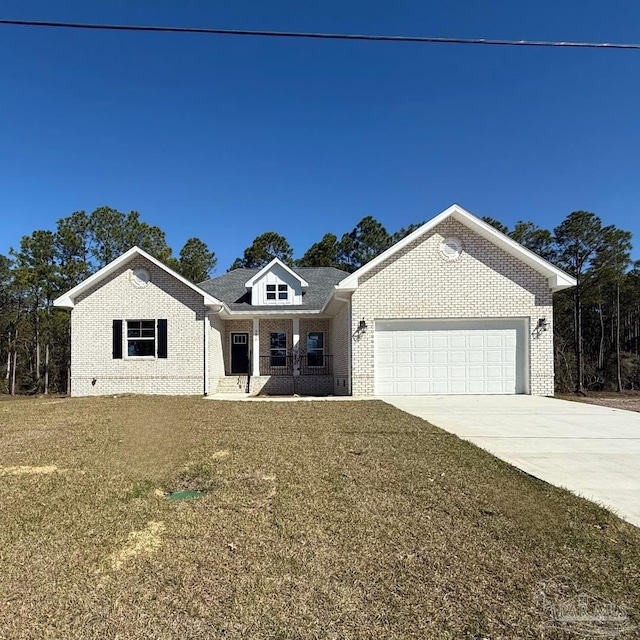 view of front facade with an attached garage, covered porch, brick siding, concrete driveway, and a front lawn