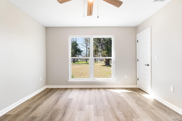 empty room featuring light wood-type flooring and ceiling fan