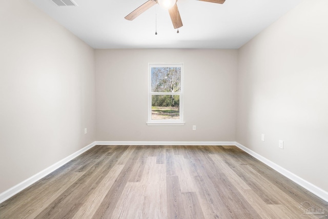 empty room with ceiling fan and light hardwood / wood-style floors