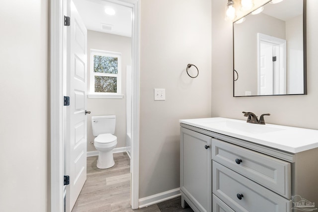 bathroom featuring toilet, vanity, and wood-type flooring