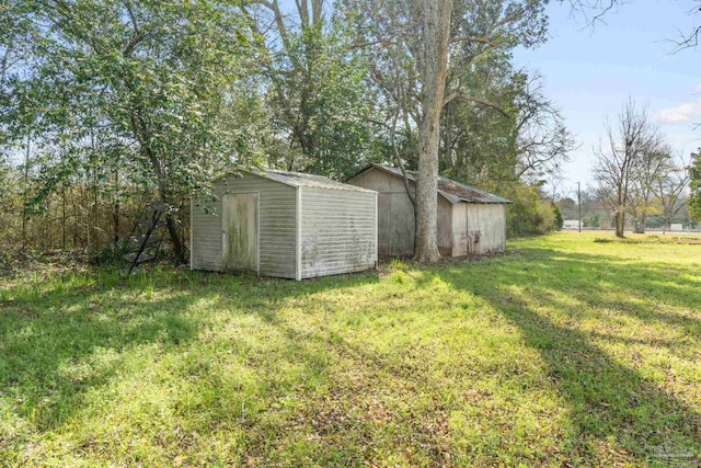 view of yard featuring a storage unit