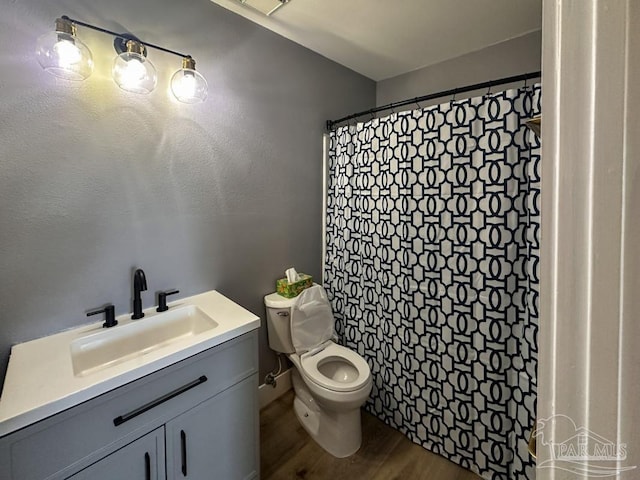 bathroom with a shower with curtain, toilet, vanity, and hardwood / wood-style flooring