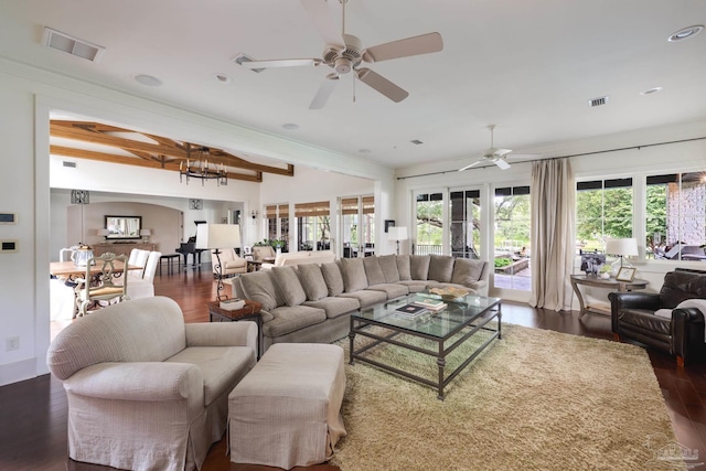 9 N Sunset Blvd, Gulf Breeze, FL 32561 - living area featuring a ceiling fan, beamed ceiling, dark wood-style floors, and recessed lighting