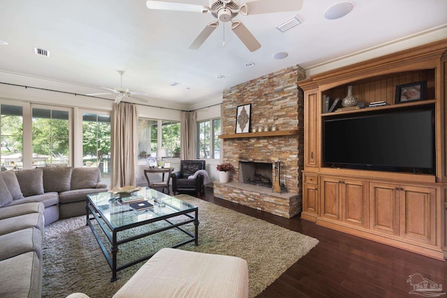 9 N Sunset Blvd, Gulf Breeze, FL 32561 - living area featuring a ceiling fan, dark wood finished floors, a fireplace, and crown molding
