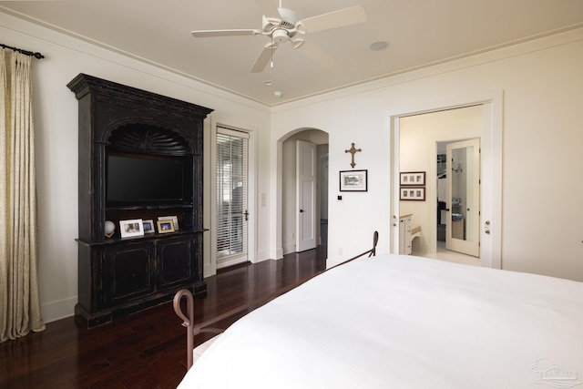 9 N Sunset Blvd, Gulf Breeze, FL 32561 - bedroom featuring wood finished floors, arched walkways, crown molding, a ceiling fan, and access to outside