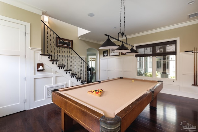 9 N Sunset Blvd, Gulf Breeze, FL 32561 - game room featuring arched walkways, crown molding, dark wood-style flooring, billiards table, and a decorative wall