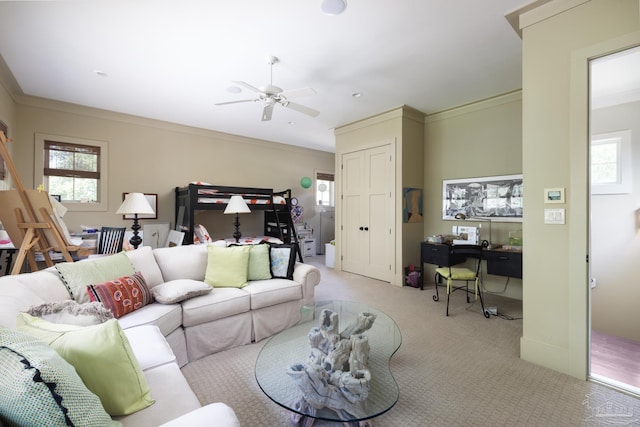 9 N Sunset Blvd, Gulf Breeze, FL 32561 - living room with carpet floors, crown molding, a ceiling fan, plenty of natural light, and an office area