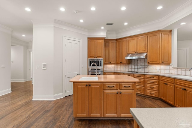 kitchen featuring stainless steel appliances, dark wood-type flooring, a center island with sink, and decorative backsplash