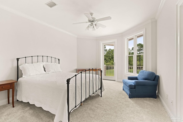 carpeted bedroom with crown molding, ceiling fan, and access to outside