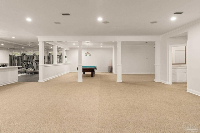 rec room featuring ornamental molding, light carpet, and pool table