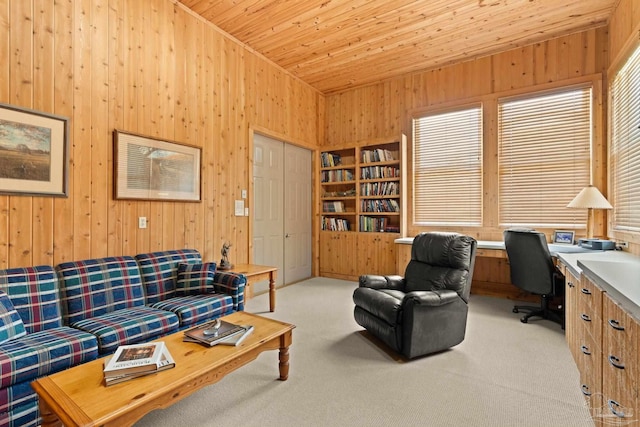 living room featuring vaulted ceiling, light colored carpet, wood ceiling, and wood walls