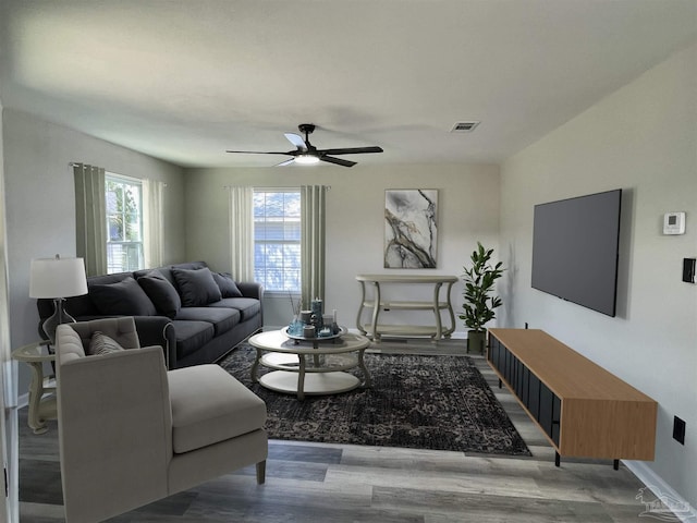 living room with ceiling fan and hardwood / wood-style flooring