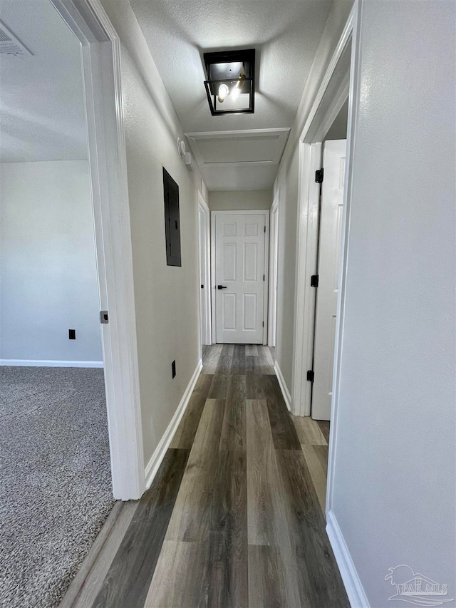 hallway with electric panel, dark colored carpet, and a textured ceiling