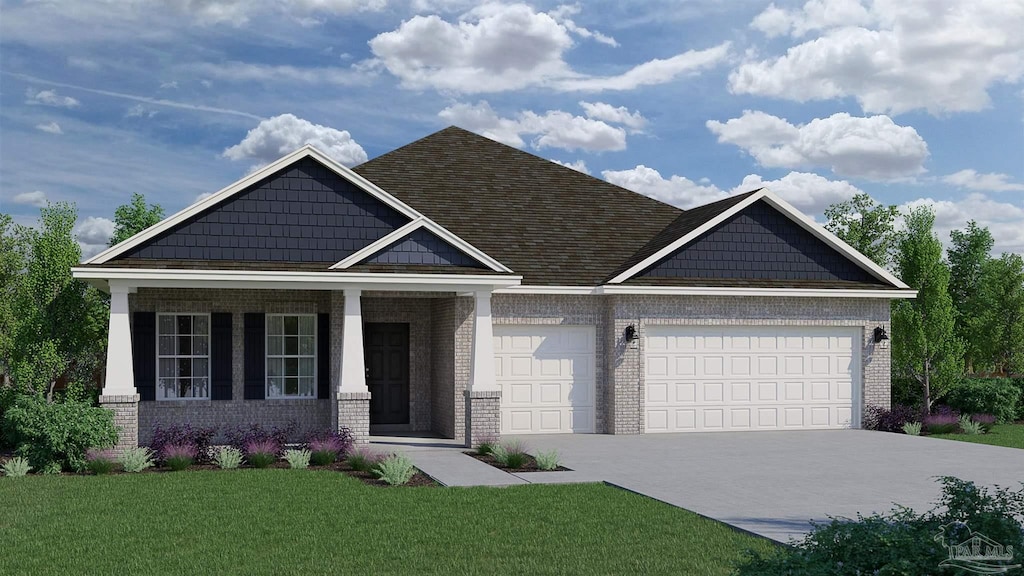5526 Colinas Verde Dr, Milton, FL 32570 - craftsman house with covered porch, a front yard, brick siding, an attached garage, and driveway